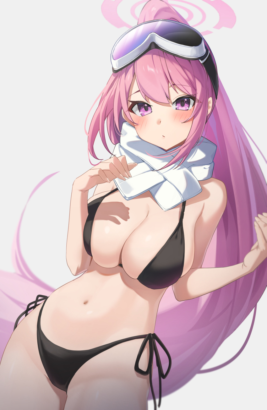 1girl :/ bare_arms bare_legs bare_shoulders bikini black_bikini blue_archive blush closed_mouth cowboy_shot eimi_(blue_archive) eimi_(swimsuit)_(blue_archive) goggles goggles_on_head halo highres long_hair looking_at_viewer official_alternate_costume pink_eyes pink_hair pink_halo ponytail reulem scarf side-tie_bikini_bottom simple_background solo swimsuit very_long_hair white_background white_scarf