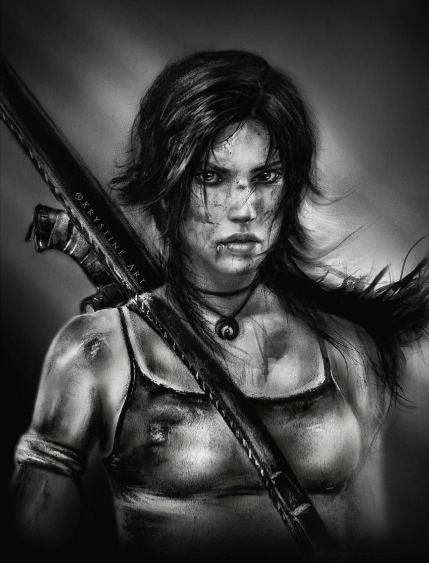 1girl arm_strap blood blood_on_face breasts camisole commentary dirty dirty_clothes dirty_face furrowed_brow greyscale highres jewelry krystine_art lara_croft long_hair medium_breasts messy_hair monochrome necklace realistic serious solo tomb_raider tomb_raider_(reboot) twitter_username