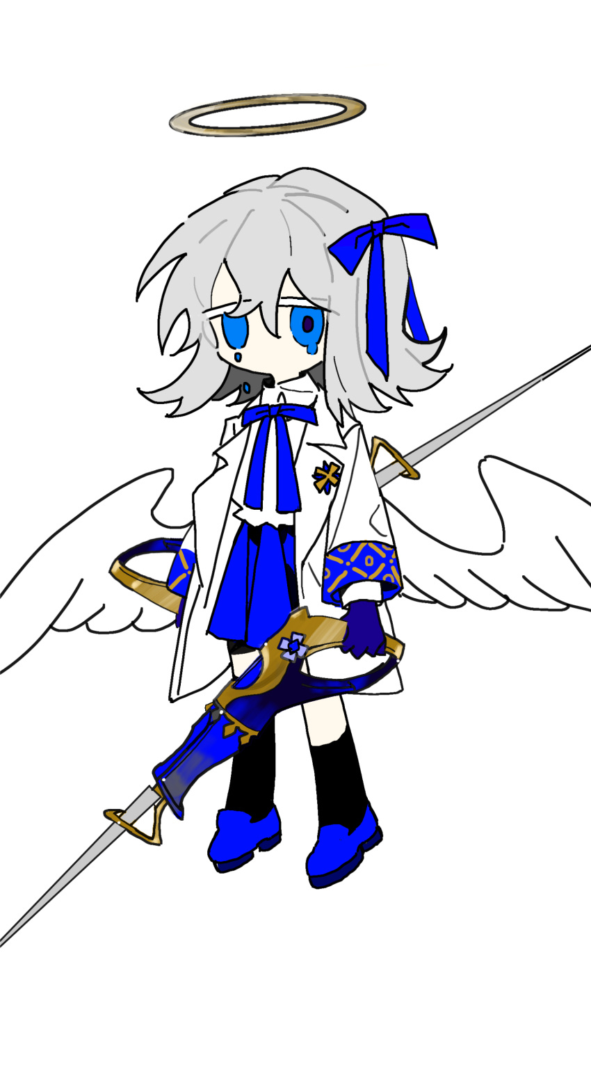 1girl absurdres angel angel_wings asymmetrical_legwear badge black_socks black_thighhighs blue_bow blue_bowtie blue_eyes blue_footwear blue_sky bow bowtie chinese_commentary coat coattails collared_shirt commentary_request cross crying crying_with_eyes_open dual_wielding full_body grey_hair hair_bow halo high_collar highres holding holding_sword holding_weapon kneehighs layered_sleeves long_sleeves medium_hair miniskirt mismatched_legwear no_mouth open_clothes open_coat original pleated_skirt shirt shoes simple_background single_kneehigh single_sock single_thighhigh skirt sky socks solo sword teardrop tears thighhighs tiankong_yiji weapon white_background white_coat white_shirt white_sleeves white_wings wings yellow_halo