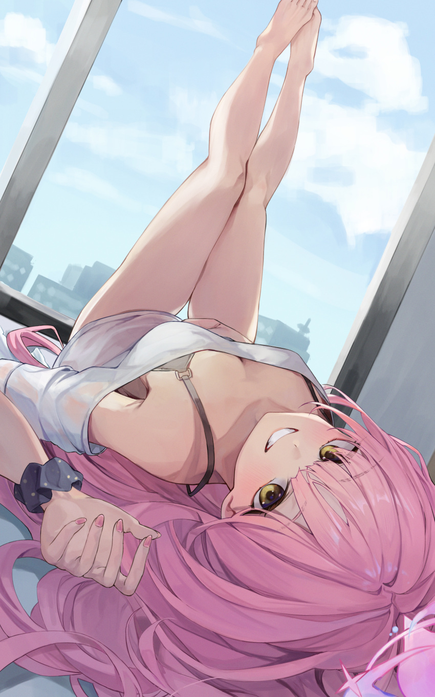 1girl absurdres bare_legs barefoot black_bra blue_archive blush bra breasts fingernails hair_spread_out halo highres indoors legs_together legs_up looking_at_viewer lying medium_breasts mika_(blue_archive) nail_polish on_back pink_hair rosu_1109 scrunchie shirt smile solo toes underwear upside-down white_shirt wrist_scrunchie yellow_eyes