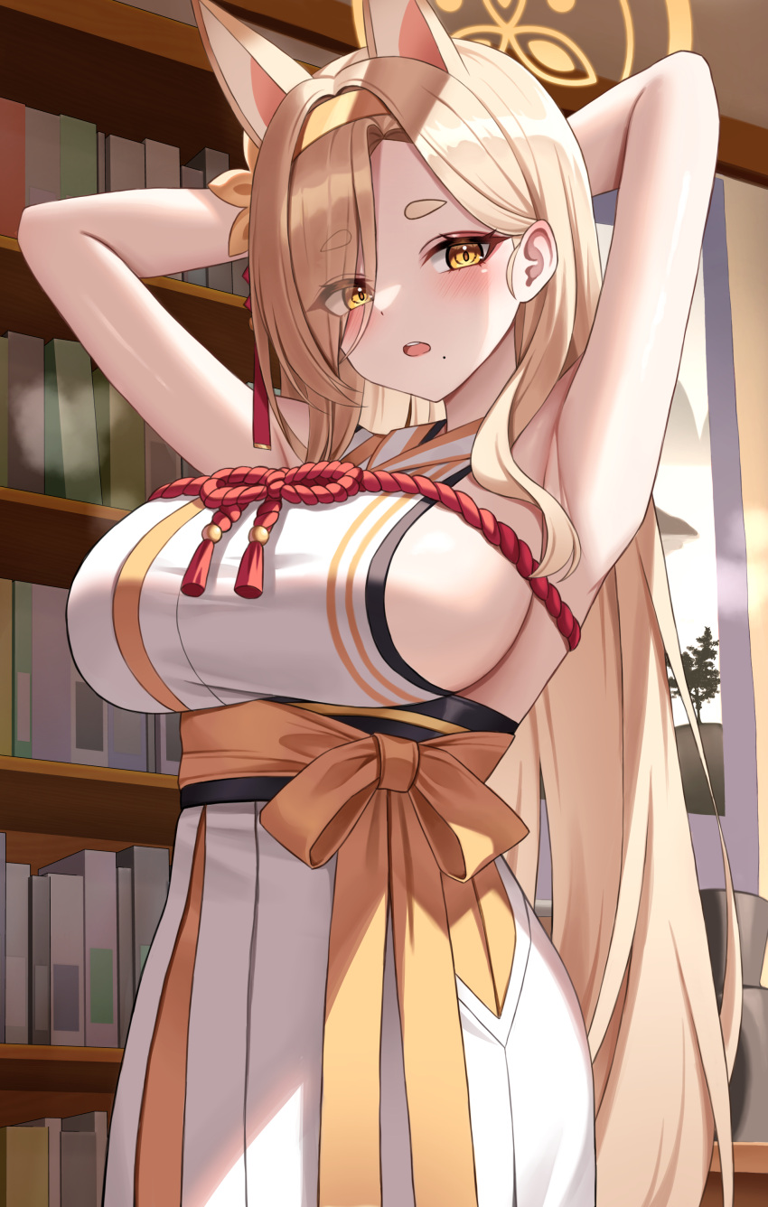 1girl absurdres animal_ears armpits arms_behind_head blonde_hair blue_archive blush book bookshelf breasts chelly_(glisten_chelly) fox_ears hakama halo highres indoors japanese_clothes kaho_(blue_archive) kimono large_breasts long_hair looking_at_viewer mole mole_under_mouth open_mouth sideboob solo white_hakama white_kimono yellow_eyes yellow_halo