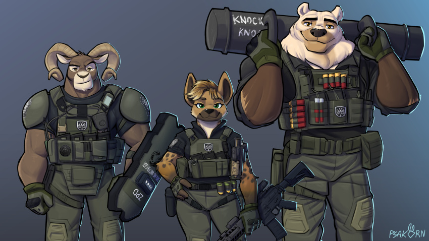 absurd_res anthro assault_rifle athletic athletic_female battering_ram bear bert_'rip'_grizzoli bighorn_sheep bovid brown_bear bulletproof_vest caprine cliff_(grizzlygus) disney female grizzly_bear grizzlygus grolar_bear group gun harley_waraabe hi_res hybrid hyena law_enforcement male mammal muscular muscular_male polar_bear police psakorn_tnoi ranged_weapon rifle sheep shield size_difference special_forces spotted_hyena swat tactical tactical_gear trio ursine weapon zootopia zpd