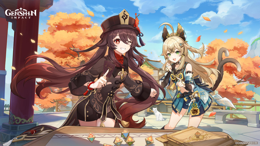 2girls absurdres animal_ears black_shorts brown_hair carlo cat_ears cat_girl cat_tail cloud detached_sleeves flower flower-shaped_pupils genius_invokation_tcg genshin_impact gradient_hair grin hair_between_eyes hat hat_flower highres holding hu_tao_(genshin_impact) kirara_(genshin_impact) leaf light_brown_hair long_hair long_sleeves low_twintails multicolored_hair multiple_girls multiple_tails official_art one_eye_closed open_mouth outdoors red_eyes red_flower red_hair shorts sky smile symbol-shaped_pupils table tail tree twintails two_tails very_long_hair vision_(genshin_impact)