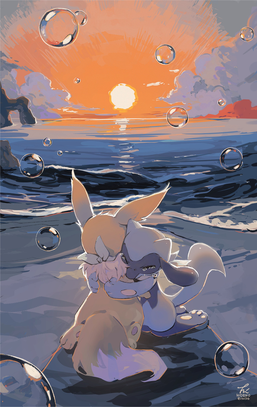 absurdres black_fur blue_fur bubble closed_eyes crying eevee hideko_(l33l3b) highres holding holding_pokemon hug necktie no_humans ocean outdoors pawpads pokemon pokemon_(creature) pokemon_mystery_dungeon pokemon_mystery_dungeon:_explorers_of_time/darkness/sky riolu signature spoilers sunset