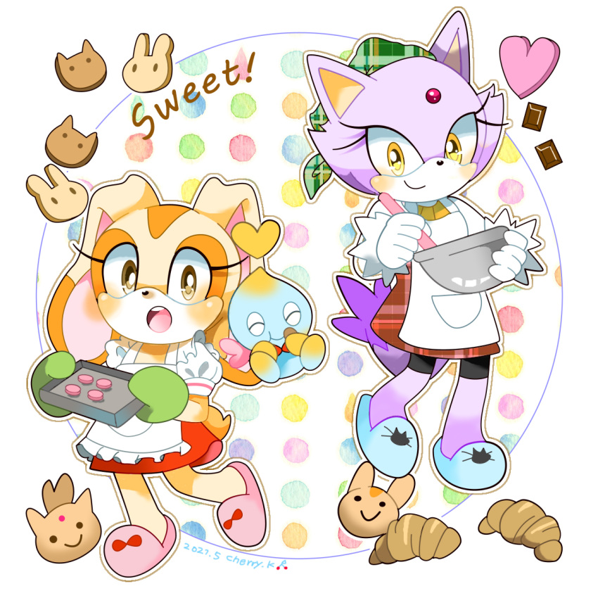 2girls animal_ears apron baking baking_sheet blaze_the_cat cat_ears cat_girl cat_tail cheese_(sonic) cream_the_rabbit eyelashes food fur-trimmed_gloves fur_trim furry furry_female gloves heart highres kusunoki_cherry multiple_girls open_mouth oven_mitts pastry purple_fur rabbit_ears rabbit_girl rabbit_tail slippers smile sonic_(series) tail white_apron white_gloves