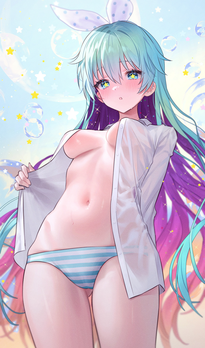 1girl ass_visible_through_thighs bikini blue_eyes blue_hair breasts bubble colored_inner_hair commission cowboy_shot fymrie gradient_hair hair_ribbon highres long_hair looking_at_viewer medium_breasts multicolored_hair navel no_bra no_pants open_clothes open_mouth open_shirt original purple_hair ribbon shirt solo standing star-shaped_pupils star_(symbol) stomach striped striped_bikini swimsuit symbol-shaped_pupils thighs two-tone_hair very_long_hair wet white_shirt