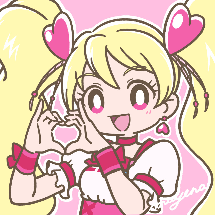 1girl blonde_hair bow choker cure_peach earrings fresh_precure! hair_ornament heart heart_hair_ornament heart_hands highres jewelry long_hair magical_girl mayena momozono_love open_mouth pink_bow pink_choker pink_eyes precure smile solo twintails wrist_cuffs