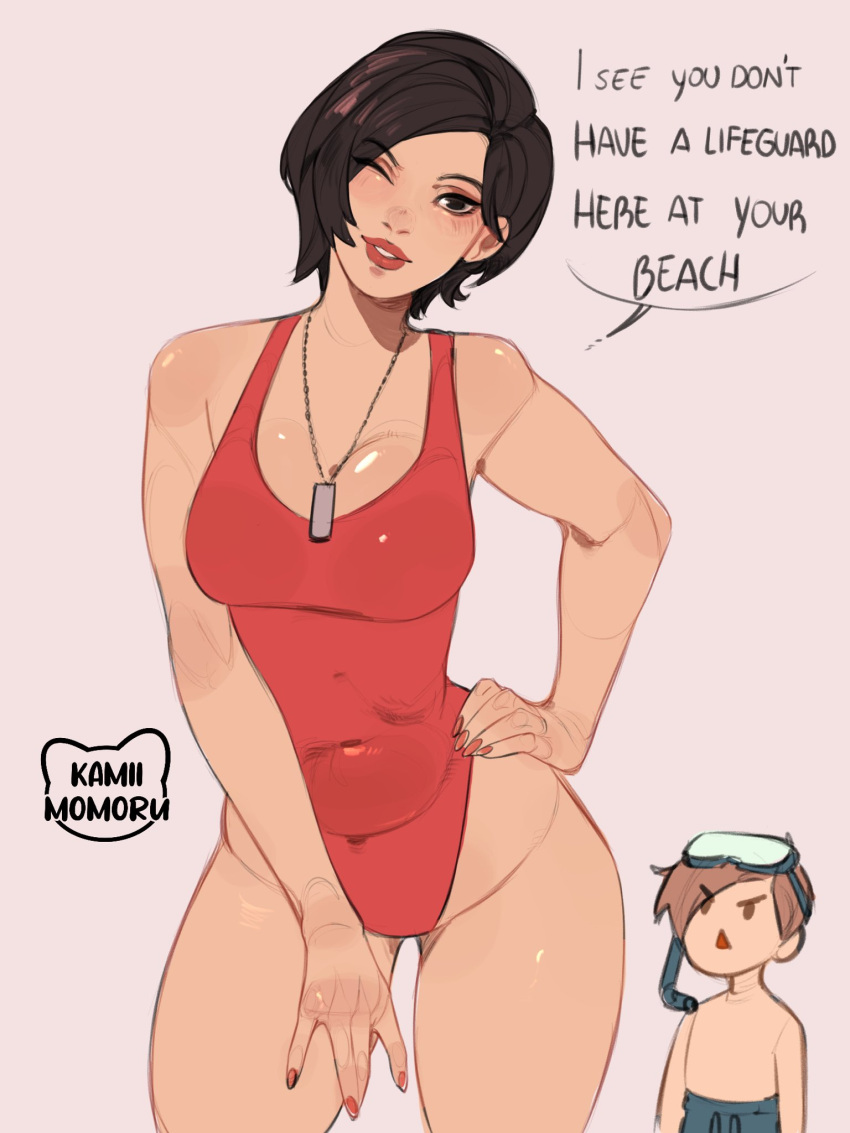 1girl ada_wong artist_name bent_over black_eyes black_hair breasts brown_eyes brown_hair cleavage commentary contrapposto english_commentary english_text goggles goggles_on_head highleg highleg_swimsuit highres i'm_not_at_the_beach_this_is_a_bathtub_(meme) kamii_momoru large_breasts leon_s._kennedy male_focus male_swimwear medium_hair meme one-piece_swimsuit one_eye_closed red_nails red_one-piece_swimsuit resident_evil snorkel solo swim_trunks swimsuit thighs whistle whistle_around_neck