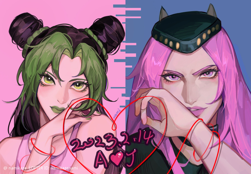 1boy 1girl black_headwear black_shirt braid dated double_bun eyelashes green_eyes green_hair green_nails hair_bun heart highres jojo_no_kimyou_na_bouken kujo_jolyne lofter_username long_hair looking_at_viewer namikaze_(dobbyka) narciso_anasui parted_lips pink_eyes pink_hair pink_lips pink_shirt shirt smile stone_ocean tank_top