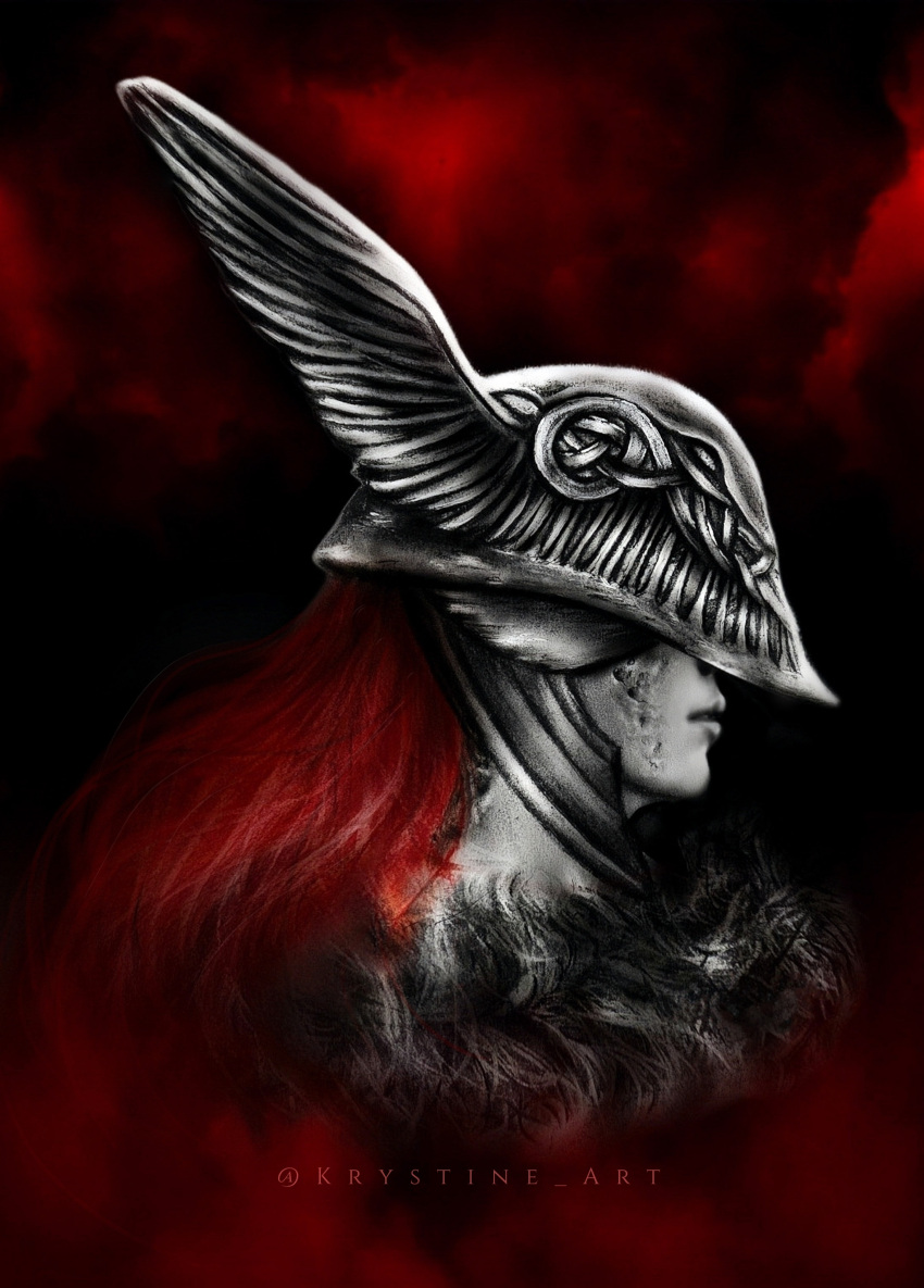 1girl absurdres commentary covered_eyes elden_ring from_side helmet helmet_over_eyes highres krystine_art malenia_blade_of_miquella partially_colored red_background red_hair scar scar_on_face solo twitter_username winged_helmet