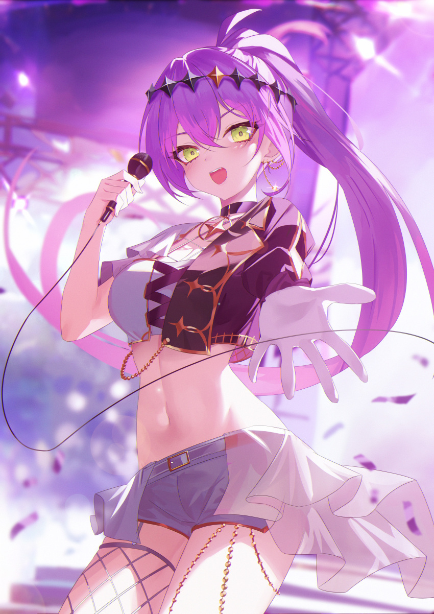 1girl absurdres asymmetrical_sleeves belt black_choker black_jacket breasts chain_earrings choker crop_top cropped_jacket fishnet_thighhighs fishnets garter_straps gloves green_eyes half-skirt highres holding holding_microphone hololive jacket jiang_ye_kiri long_hair looking_at_viewer medium_breasts microphone midriff multicolored_clothes multicolored_jacket navel official_alternate_costume open_mouth outstretched_hand ponytail purple_hair shorts single_glove single_thighhigh solo stage thighhighs tokoyami_towa tokoyami_towa_(break_your_xxx) two-tone_jacket uneven_sleeves virtual_youtuber white_belt white_garter_straps white_gloves white_jacket white_shorts