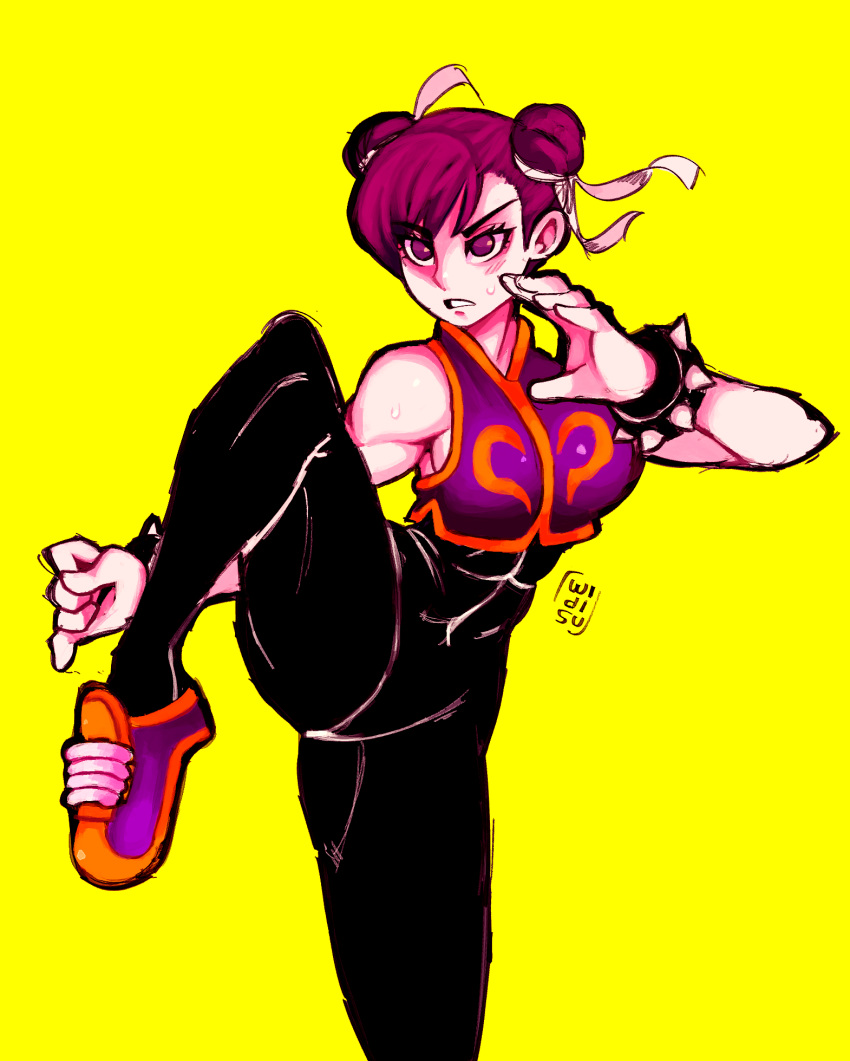 1girl black_bodysuit bodysuit bracelet breasts brown_eyes brown_hair chun-li commentary covered_abs cropped_vest double_bun fighting_stance hair_bun hair_ribbon highres jewelry medium_breasts ribbon serious shoes signature sneakers solo spiked_bracelet spikes standing standing_on_one_leg street_fighter street_fighter_zero_(series) sweatdrop toned v-shaped_eyebrows vest widisu yellow_background