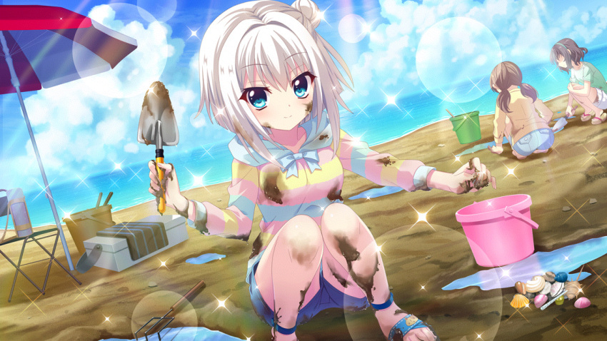 3girls beach beach_umbrella blue_eyes blue_hairband blue_shorts blue_sky breasts bucket clam_digging closed_mouth cloud cloudy_sky day digging dirty dirty_clothes dirty_face dot_nose dutch_angle film_grain flip-flops game_cg green_shirt hair_bun hairband hand_up hood hoodie horizon izumi_tsubasu lens_flare looking_at_viewer low_twintails mud multicolored_clothes multicolored_hoodie multiple_girls nishidate_haku non-web_source ocean official_art outdoors puddle rake re:stage! red_umbrella sandals seashell shell shirt short_hair shorts shovel single_side_bun sitting sky small_breasts smile solo_focus sparkle sweater thermos twintails two-tone_umbrella umbrella white_hair white_shorts white_umbrella yellow_sweater