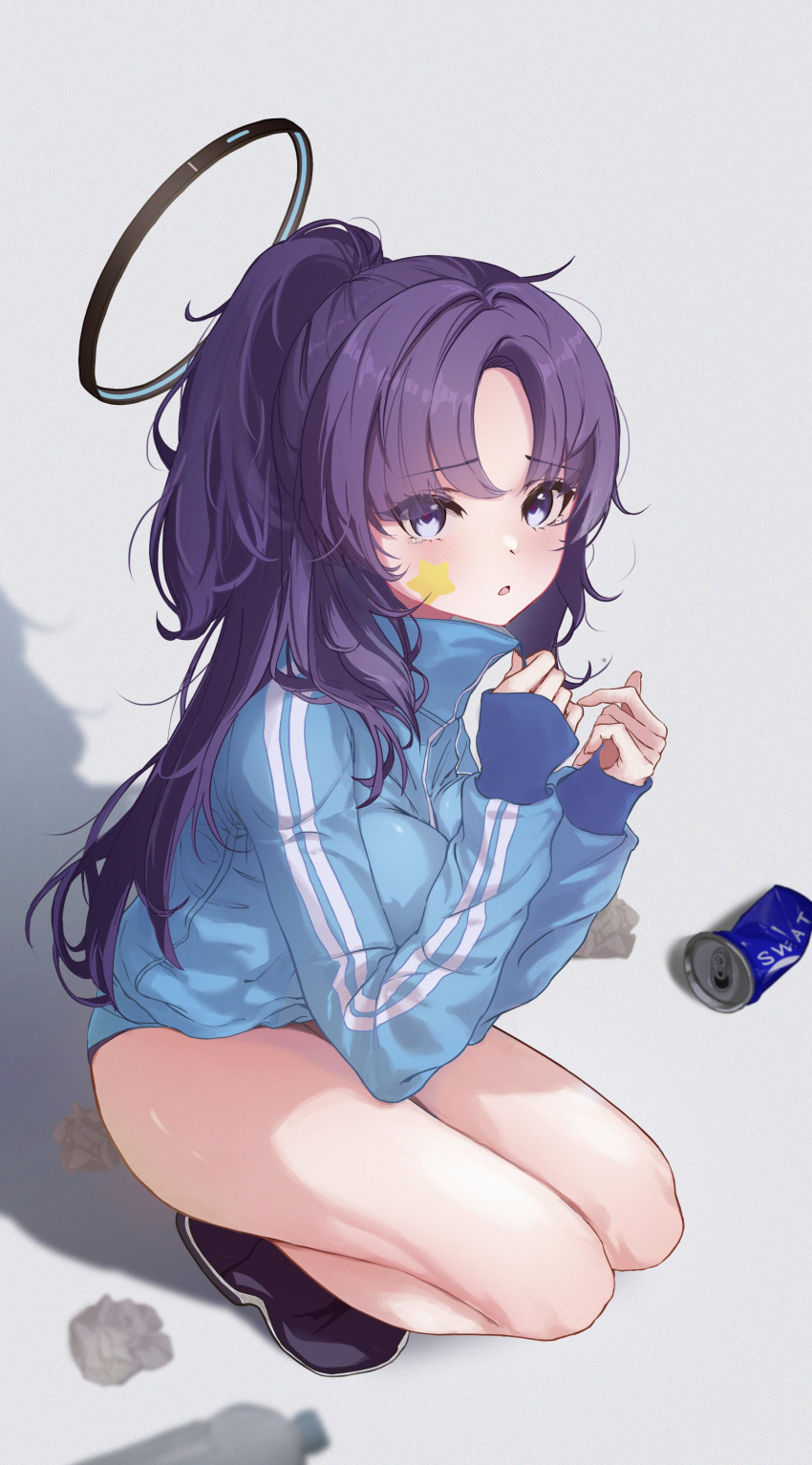 1girl absurdres blue_archive blue_buruma blue_jacket blush breasts buruma can halo highres jacket long_hair looking_at_viewer official_alternate_costume ponytail purple_eyes purple_hair shoes simple_background sneakers soda_can solo squatting star_sticker sticker_on_face thighs track_jacket user_fzkm8843 yuuka_(blue_archive) yuuka_(track)_(blue_archive)