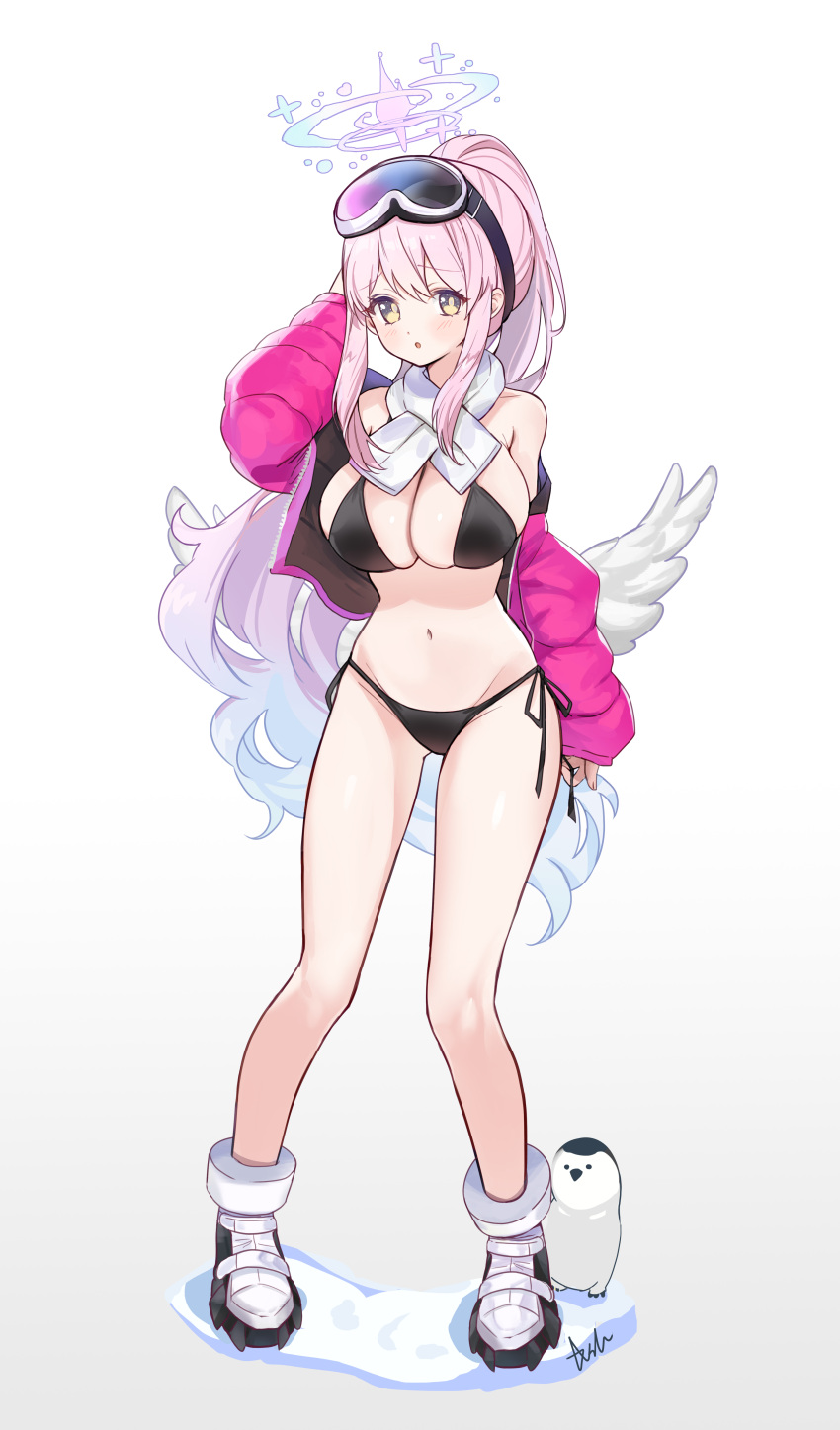 1girl absurdres angel_wings animal ash_(cat7evy) bikini bird black_bikini blue_archive blush boots breasts cleavage cosplay eimi_(blue_archive) eimi_(blue_archive)_(cosplay) eimi_(swimsuit)_(blue_archive) feathered_wings full_body goggles goggles_on_head halo highres jacket large_breasts long_hair long_sleeves looking_at_viewer mika_(blue_archive) navel open_clothes open_jacket parted_lips penguin pink_hair pink_halo pink_jacket signature solo swimsuit white_footwear white_wings wings yellow_eyes