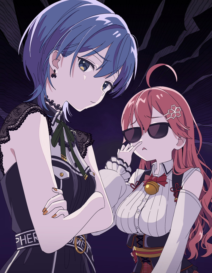 2girls ahoge bell belt black_belt black_choker black_dress blue_eyes bow bow_earrings breasts choker closed_mouth clothing_cutout collared_shirt crossed_arms dress earrings frilled_sleeves frills furrowed_brow green_ribbon hair_ornament hairclip highres hololive hoshimachi_suisei hoshimachi_suisei_(3rd_costume) jewelry jingle_bell lace lace_choker lace_sleeves large_breasts long_hair long_sleeves looking_at_viewer multiple_girls neck_ribbon nose_picking parted_lips raised_eyebrow red_hair ribbon sakura_miko sakura_miko_(3rd_costume) shirt short_dress short_hair shoulder_cutout soh_himitsuki star_(symbol) star_in_eye sunglasses symbol_in_eye underbust upper_body virtual_youtuber white_shirt