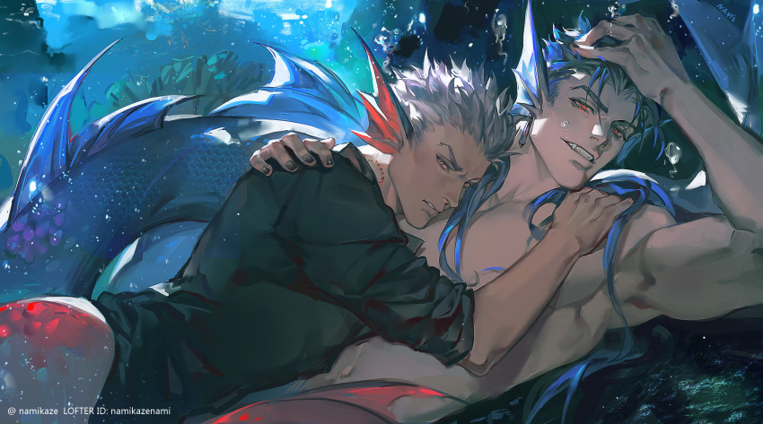 2boys archer_(fate) bite_mark black_shirt blue_hair cu_chulainn_(fate) earrings fate/stay_night fate_(series) fins grey_hair grimace grin hand_on_another's_back hand_on_own_head head_fins highres jewelry lofter_username long_hair looking_at_viewer male_focus merman monster_boy multiple_boys namikaze_(dobbyka) orange_eyes pectorals shirt signature smile topless_male underwater yaoi