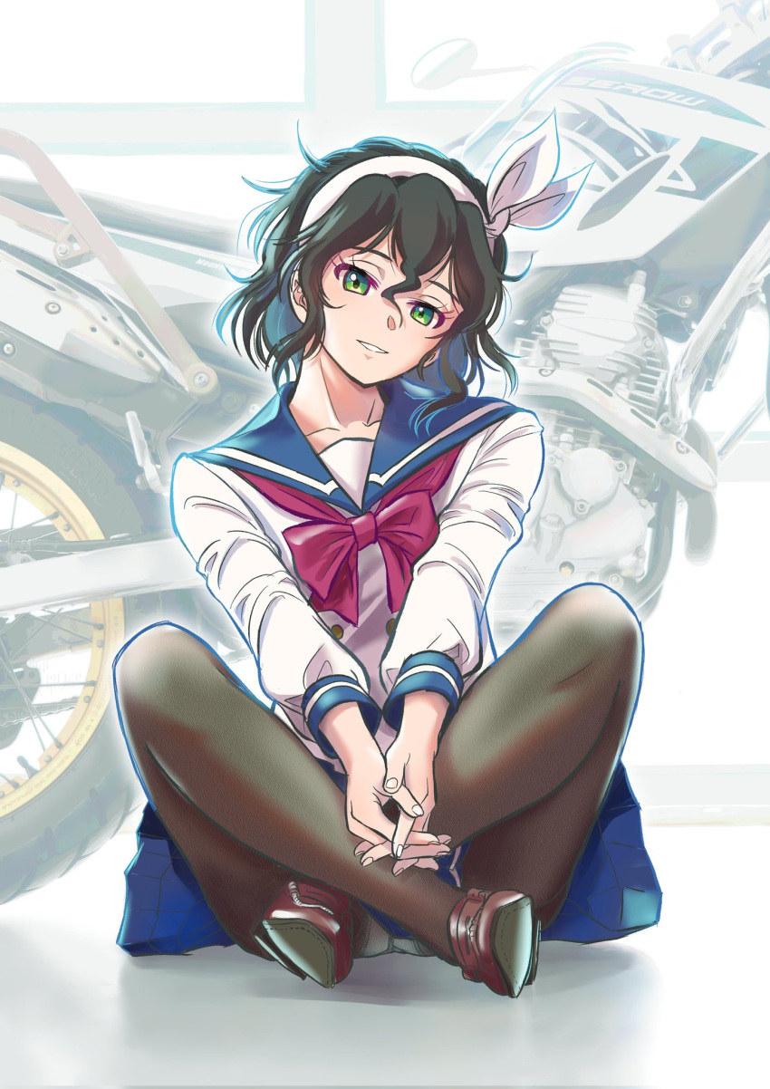 1girl amano_onsa bakuon!! black_hair black_pantyhose blue_sailor_collar blue_skirt bow bowtie brown_footwear collarbone crossed_legs full_body green_eyes hair_bow hairband head_tilt highres indian_style loafers looking_at_viewer motor_vehicle motorcycle own_hands_together pantyhose parted_lips red_bow red_bowtie sailor_collar sakuma_masanori school_uniform serafuku shirt shoes sitting skirt solo white_shirt