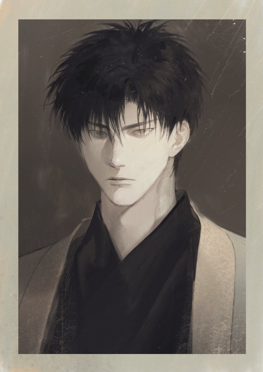 1boy border chimmyming closed_mouth expressionless eyelashes grey_border grey_theme highres japanese_clothes looking_at_viewer male_focus messy_hair monochrome portrait rukawa_kaede short_hair slam_dunk_(series) solo