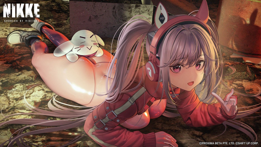 alice_(nikke) animal ass bodysuit bunny_headphones day gloves goddess_of_victory:_nikke headphones highres long_hair looking_at_viewer lying nanaken_nana official_art on_ground on_stomach open_mouth pink_bodysuit pink_eyes pink_gloves pink_hair rabbit second-party_source shoes smile sneakers twintails v white_footwear