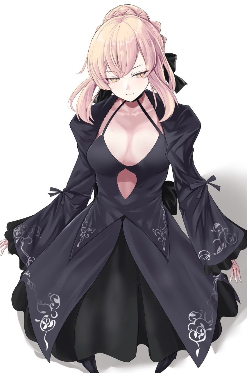 1girl absurdres artoria_pendragon_(fate) black_dress black_ribbon blonde_hair braid breasts cleavage collarbone dress fate/grand_order fate_(series) french_braid hair_bun hair_ribbon highres long_hair long_sleeves medium_breasts nigori_(keydoor) ribbon saber_alter sidelocks solo yellow_eyes