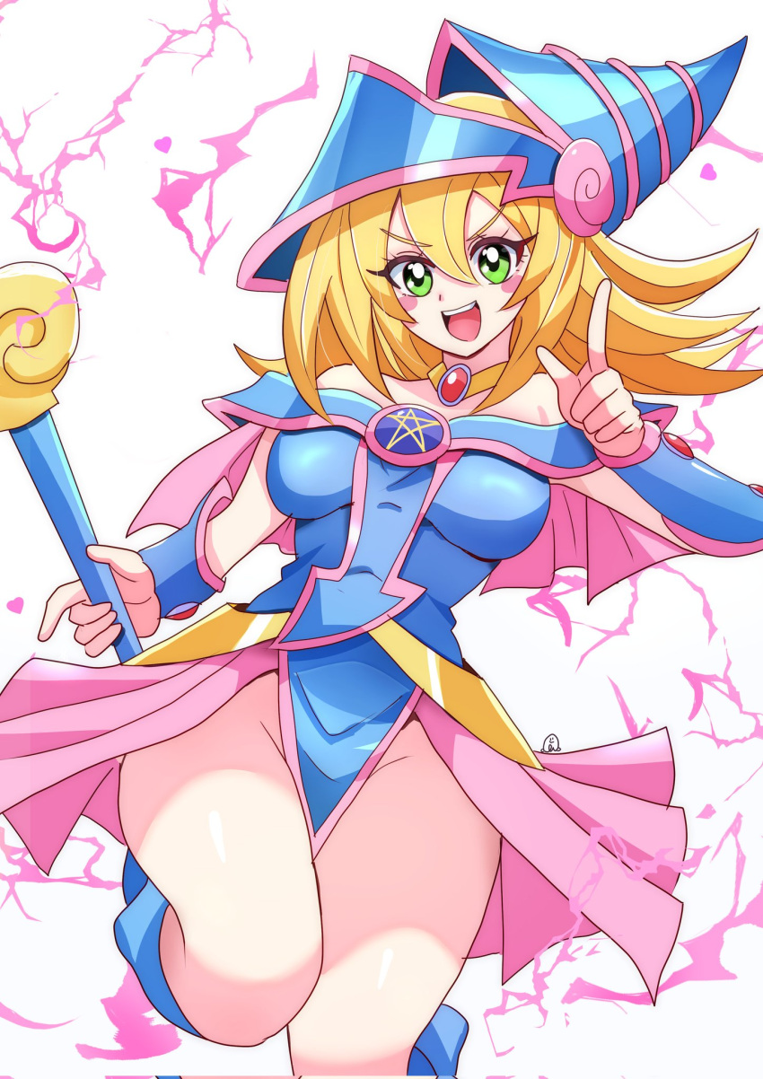 1girl bare_shoulders blonde_hair blue_footwear blue_headwear blush blush_stickers boots breasts choker cleavage dark_magician_girl duel_monster green_eyes hair_between_eyes hat highres holding holding_wand jewelry large_breasts long_hair looking_at_viewer momotarouooi necklace open_mouth pentacle smile solo staff wand wizard_hat yu-gi-oh! yu-gi-oh!_duel_monsters