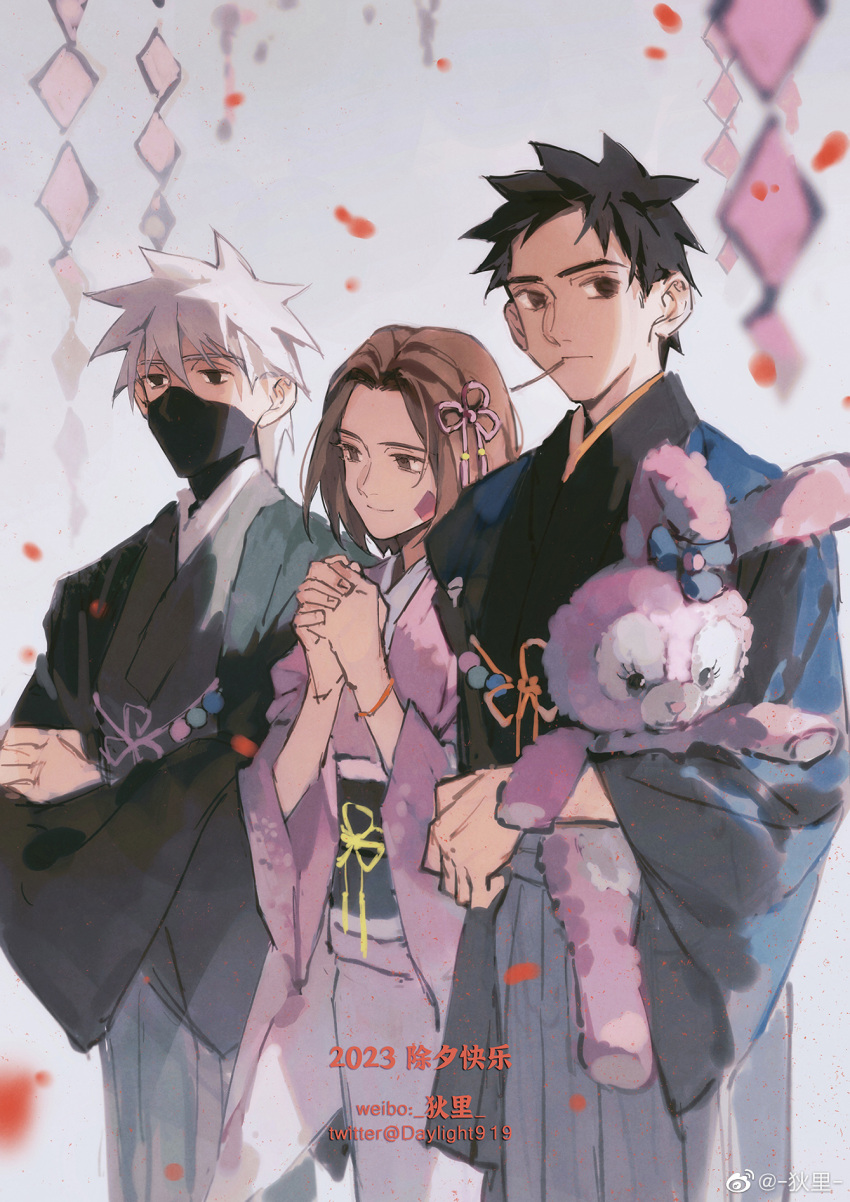 1girl 2023 2boys black_eyes black_hair black_jacket black_mask black_sash black_shirt blue_hakama blue_jacket blue_sleeves bracelet brown_eyes brown_hair character_request clenched_hand closed_mouth commentary confetti copyright_request crossed_arms di_li_(weibo_5658828484) fingernails floral_print flower_knot frown green_shirt hair_ribbon hakama haori highres holding holding_stuffed_toy interlocked_fingers jacket japanese_clothes jewelry kimono long_sleeves looking_at_viewer mask mouth_hold mouth_mask multiple_boys obi open_clothes open_jacket own_hands_clasped own_hands_together pink_kimono pink_ribbon pink_sleeves ribbon sash shide shirt short_hair spiked_hair stalk_in_mouth stuffed_animal stuffed_rabbit stuffed_toy symbol-only_commentary twitter_username very_short_hair watermark weibo_logo weibo_username white_background white_hair white_hakama wide_sleeves