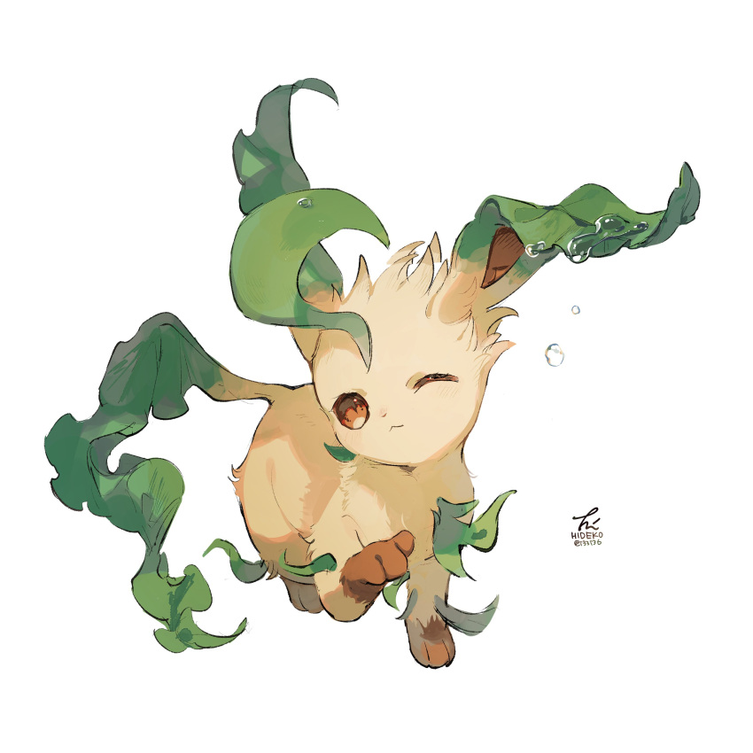 absurdres animal_focus brown_eyes commentary_request hideko_(l33l3b) highres leaf leafeon leg_up no_humans one_eye_closed pokemon pokemon_(creature) signature simple_background standing water water_drop white_background