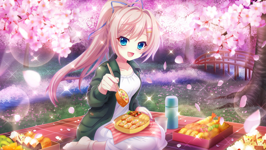 1girl bento blue_eyes blue_ribbon breasts cherry_blossoms chopsticks coat collarbone cup dot_nose dress falling_petals film_grain food food_request fruit game_cg grass green_coat hair_ornament hair_ribbon hairclip hanami high_ponytail himura_nagisa holding holding_chopsticks incoming_food izumi_tsubasu kiwi_(fruit) kiwi_slice lens_flare long_hair looking_at_viewer medium_breasts night no_shoes non-web_source official_art open_mouth orange_(fruit) orange_slice outdoors petals pink_hair pocket re:stage! ribbon river sitting smile socks solo sparkle tempura thermos tree wariza white_dress white_socks wooden_bridge