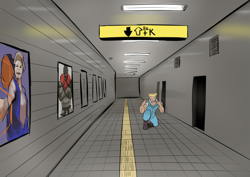 1boy ad blonde_hair ceiling_light flattop guile luke_sullivan parody ryu_(street_fighter) solo sowel_(sk3) squatting street_fighter street_fighter_6 subway_station tactile_paving the_exit_8 tile_floor tiles