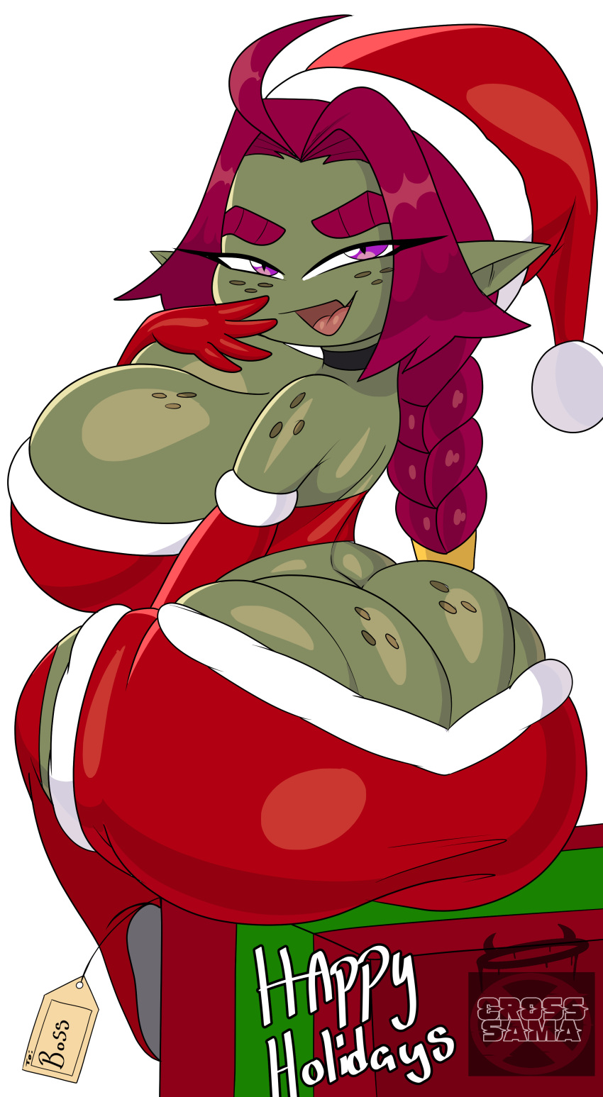 absurd_res big_butt biped bottomwear braided_hair breasts butt christmas christmas_clothing christmas_headwear cleavage clothed clothing cross_samax female freckles goblin green_body green_skin hair hat headgear headwear hi_res holidays huge_butt humanoid legwear looking_at_viewer looking_back looking_back_at_viewer not_furry pupils santa_hat skirt smile solo thigh_highs