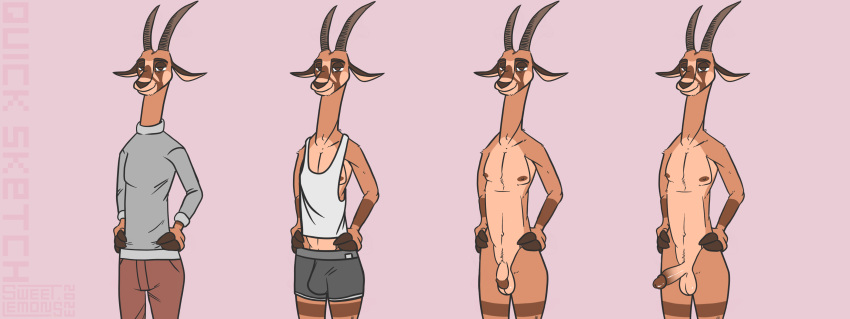 2023 absurd_res antelope anthro balls bedroom_eyes bottomwear bovid bovine boxers_(clothing) boxers_only bulge clothed clothing dark_nose digital_drawing_(artwork) digital_media_(artwork) digital_painting_(artwork) disney erection fingers flaccid gemsbok genitals grazing_antelope grey_clothing hands_on_hips hi_res hooved_fingers hooves horn humanoid_genitalia humanoid_penis kudu light_body long_ears long_neck looking_at_viewer male mammal markings mostly_nude multicolored_body narrowed_eyes nipples nude oryx penis pink_background pronk_oryx-antlerson seductive sexy_eyes signature simple_background simple_coloring simple_eyes smile solo spiral-horned_antelope standing stripes sweater sweet.lemons tan_body topless topwear turtleneck two_tone_body underwear underwear_only zootopia