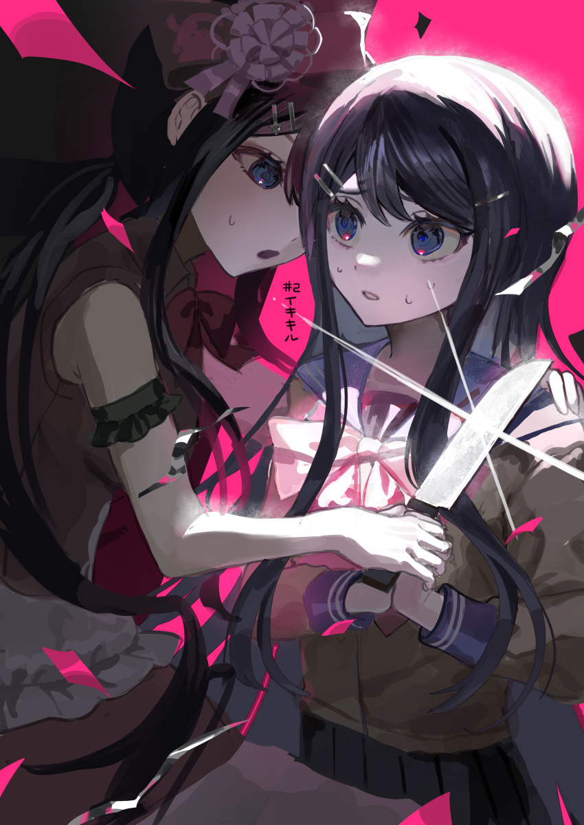 2girls :o absurdres bare_shoulders black_hair black_skirt blue_eyes blue_sailor_collar bow bowtie danganronpa:_trigger_happy_havoc danganronpa_(series) dual_persona gloves grey_shirt hair_ornament hairclip highres holding holding_knife knife long_hair long_sleeves looking_at_another maizono_sayaka multiple_girls nemari_(user_wtca7244) official_alternate_costume pale_skin pink_background pink_bow pink_bowtie pleated_skirt sailor_collar school_uniform shirt skirt sweat teeth translation_request white_gloves