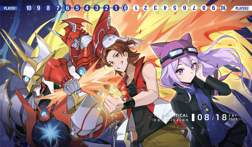 1boy 1girl artist_name black_jacket black_tank_top blue_eyes brown_eyes brown_hair brown_pants clenched_hand commission daimon_masaru_(digimon_savers) dated digimon digimon_(creature) digimon_card_game digimon_savers digimon_story:_sunburst_and_moonlight digivice dragon energy_blade fiery_wings flaming_sword flaming_weapon goggles goggles_on_headwear gracenovamon hand_on_own_ear high_ponytail highres jacket long_hair looking_at_viewer mat_play mooopl pants purple_eyes purple_hair purple_headwear red_vest sayo_(digimon) shinegreymon_burst_mode short_hair short_ponytail tank_top vest wings