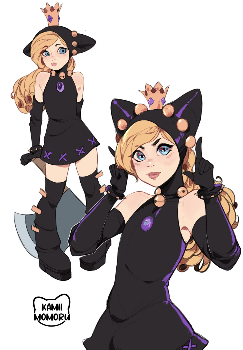 1girl artist_name axe black_dress black_hair blonde_hair blue_eyes boots bracelet commentary crown dress elbow_gloves gloves highres hood hooded_dress jewelry kamii_momoru long_hair mario_(series) mario_power_tennis mario_tennis mini_crown short_dress spiked_bracelet spikes thigh_boots warupeach