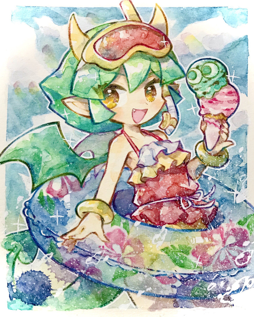 1girl bracelet doradorakingyo double_scoop draco_centauros dragon_girl dragon_tail eyelashes fang food green_hair green_wings highres holding_ice_cream_cone horns ice_cream innertube jewelry looking_at_viewer nail_polish official_alternate_costume open_mouth outline pointy_ears puyo_(puyopuyo) puyopuyo puyopuyo_quest ribbon short_hair solo sparkle swim_goggles tail traditional_media white_outline white_ribbon wings yellow_eyes yellow_horns