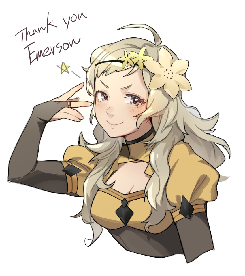 absurdres ahoge alternate_costume blonde_hair breasts bridal_gauntlets commission fire_emblem fire_emblem_fates flower grey_eyes hair_flower hair_ornament highres long_hair looking_at_viewer medium_breasts misokatsuhaumai ophelia_(fire_emblem) swept_bangs upper_body w