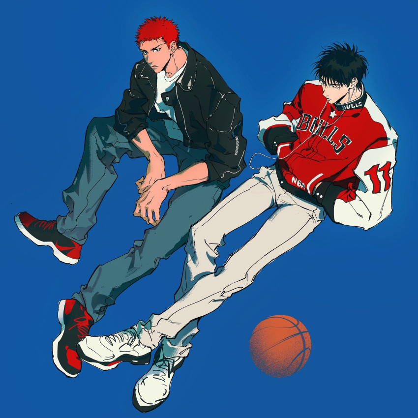 2boys ball basketball_(object) black_footwear black_hair black_jacket blue_background blue_pants chicago_bulls chimmyming earbuds earphones hands_in_pockets highres jacket leather leather_jacket male_focus multiple_boys pants parted_lips red_hair rukawa_kaede sakuragi_hanamichi shirt simple_background slam_dunk_(series) white_footwear white_pants white_shirt