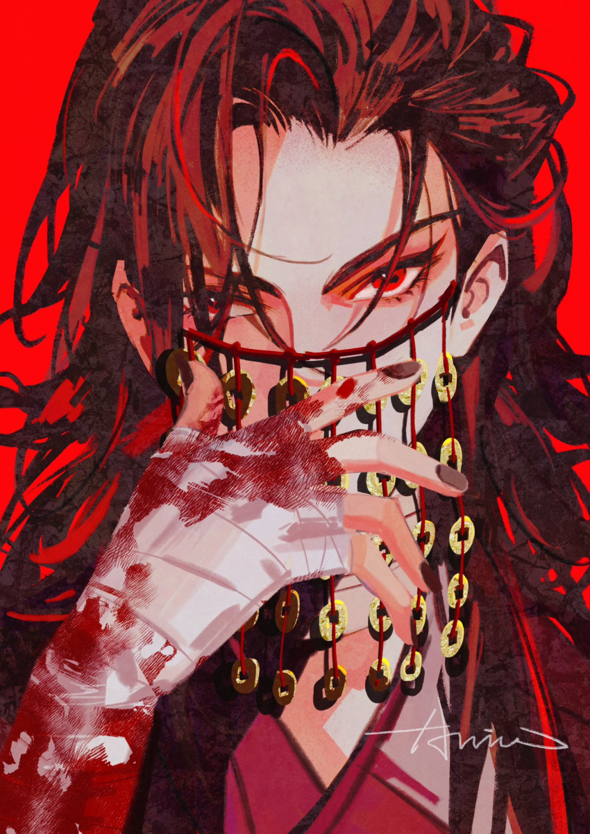 1boy ariasiao black_hair chinese_clothes coin dao_gui_yi_xian hair_between_eyes hanfu highres holed_coin li_huowang long_hair long_sleeves male_focus mouth_veil red_eyes solo veil