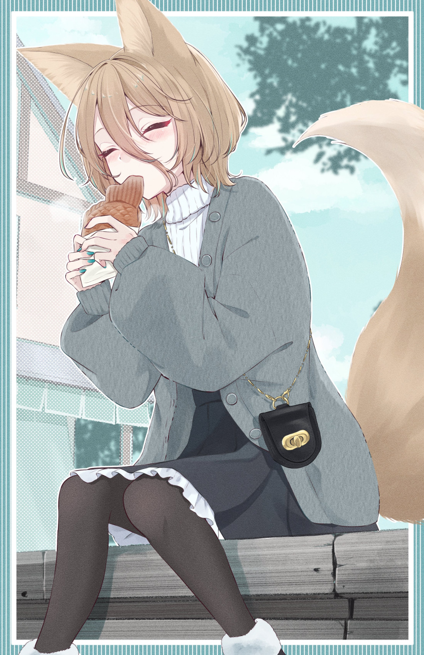 1girl absurdres animal_ears black_pantyhose black_skirt blonde_hair blush closed_eyes eating fingernails food fox_ears fox_tail frilled_skirt frills green_nails grey_jacket highres holding holding_food jacket kudamaki_tsukasa long_sleeves mizore_arius nail_polish pantyhose ribbed_sweater short_hair sitting skirt solo sweater tail taiyaki touhou wagashi white_sweater