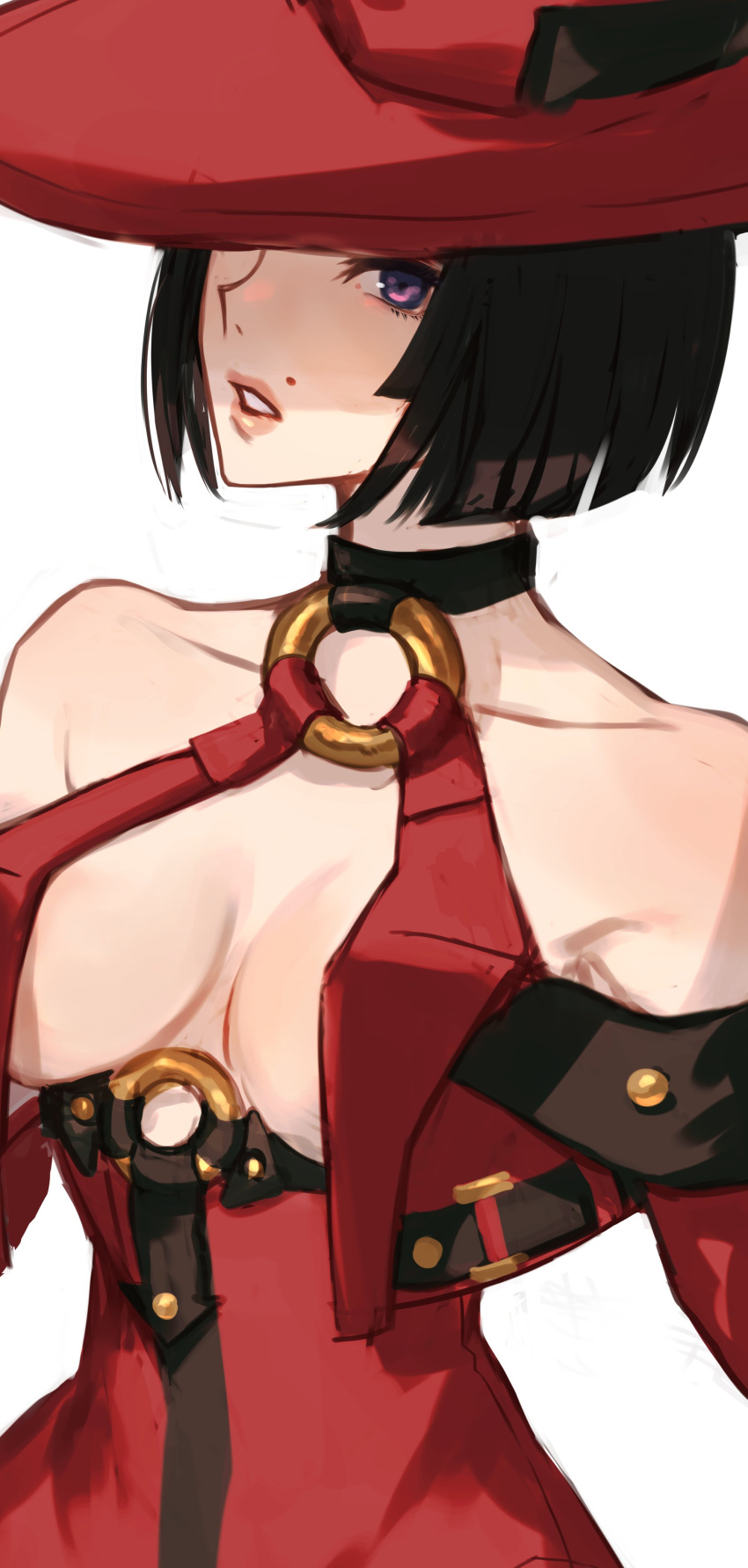 1girl absurdres bare_shoulders black_hair breasts cleavage dress guilty_gear guilty_gear_xrd guilty_gear_xx hat highres hitsuji_kusa i-no large_breasts looking_at_viewer mole mole_above_mouth parted_lips purple_eyes red_dress red_headwear red_lips short_hair witch_hat