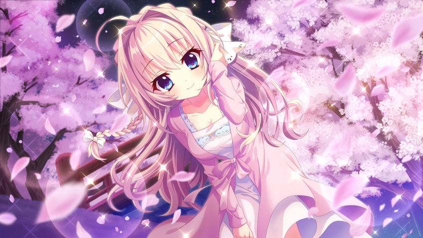 1girl ahoge blonde_hair blue_eyes bow braid breasts cherry_blossoms cleavage closed_mouth collarbone crown_braid dot_nose dress falling_petals film_grain game_cg hair_bow hair_intakes hanami hand_in_own_hair izumi_tsubasu leaning_forward lens_flare long_braid long_hair long_sleeves looking_at_viewer medium_breasts mole mole_under_each_eye mole_under_eye multiple_moles night night_sky non-web_source official_art outdoors petals pink_dress re:stage! river shiratori_amaha_(re:stage!) skirt skirt_tug sky smile solo sparkle tree white_bow wooden_bridge