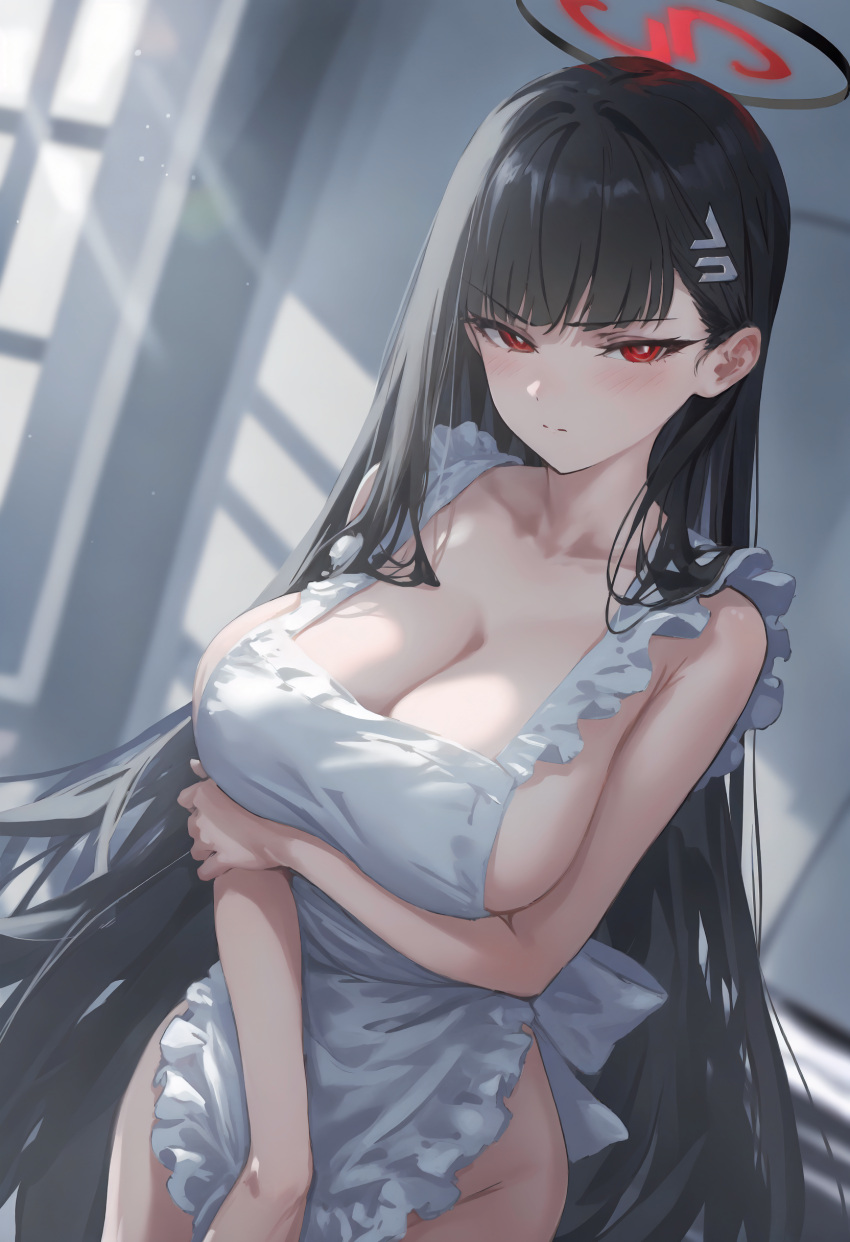 1girl absurdres apron arm_under_breasts black_hair blue_archive blush breasts bright_pupils cleavage closed_mouth collarbone commentary_request frilled_apron frills groin halo highres holding_own_arm indoors large_breasts light_rays long_hair looking_at_viewer naked_apron red_eyes rio_(blue_archive) rurumor999 sideboob solo straight_hair very_long_hair white_pupils