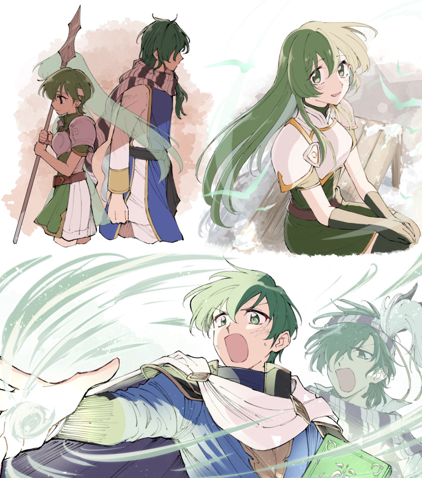 2boys 2girls armor book breastplate cape ced_(fire_emblem) commentary_request erinys_(fire_emblem) father_and_daughter father_and_son fee_(fire_emblem) fire_emblem fire_emblem:_genealogy_of_the_holy_war green_eyes green_hair hair_over_one_eye headband highres holding holding_book husband_and_wife lewyn_(fire_emblem) long_hair looking_at_viewer magic mother_and_daughter mother_and_son multiple_boys multiple_girls one_eye_covered open_mouth pauldrons polearm s1wa_3 scarf short_hair shoulder_armor sitting smile spear striped striped_scarf weapon white_cape white_headband white_scarf wind