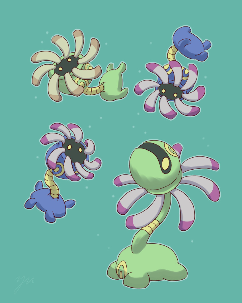 absurdres alternate_color animal_focus aqua_background commentary_request cradily evolutionary_line highres lileep no_humans pokemon pokemon_(creature) shiny_pokemon simple_background tentacles upside-down yellow_eyes yu_(pocketsun636)