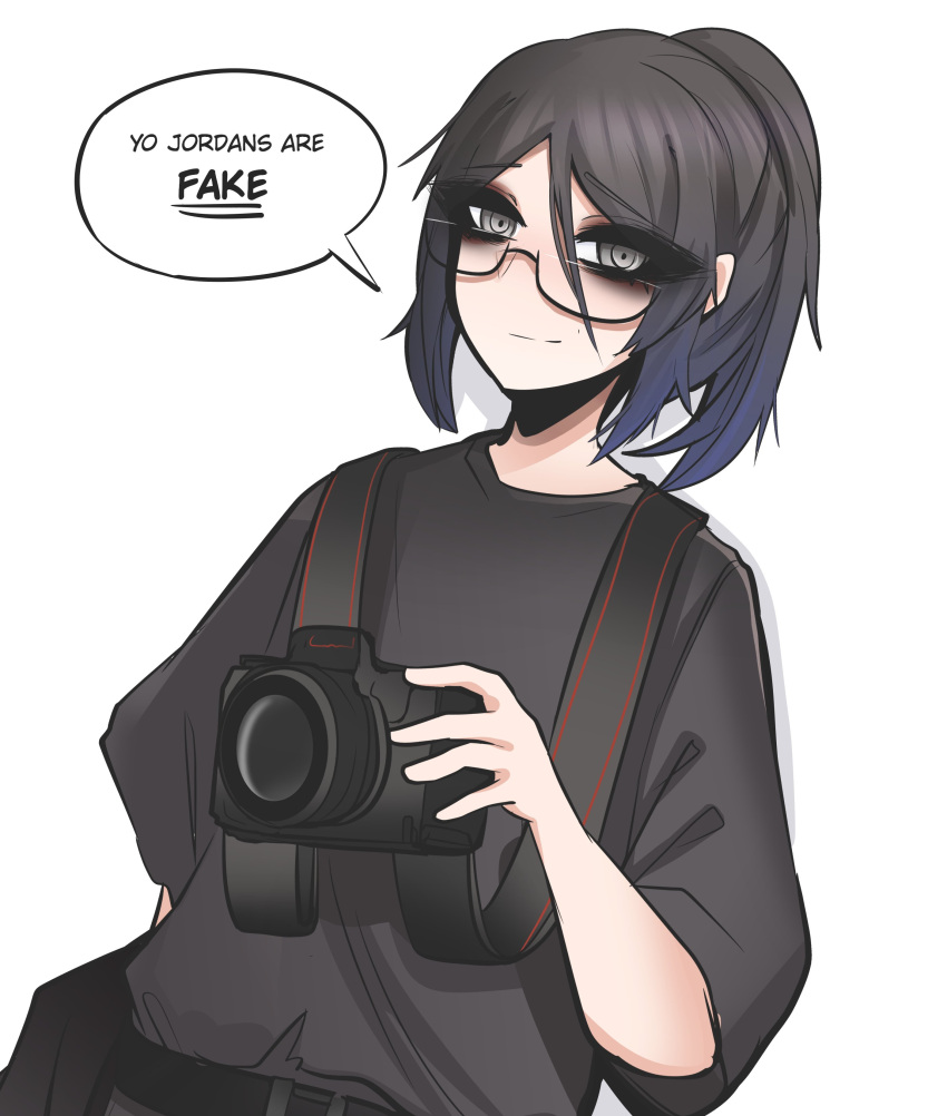 1girl absurdres belt black_bag black_belt black_eyeshadow black_hair black_shirt camera closed_mouth english_text eyeshadow grey_eyes hair_between_eyes highres holding holding_camera makeup mikuneki original ponytail shadow shirt solo speech_bubble