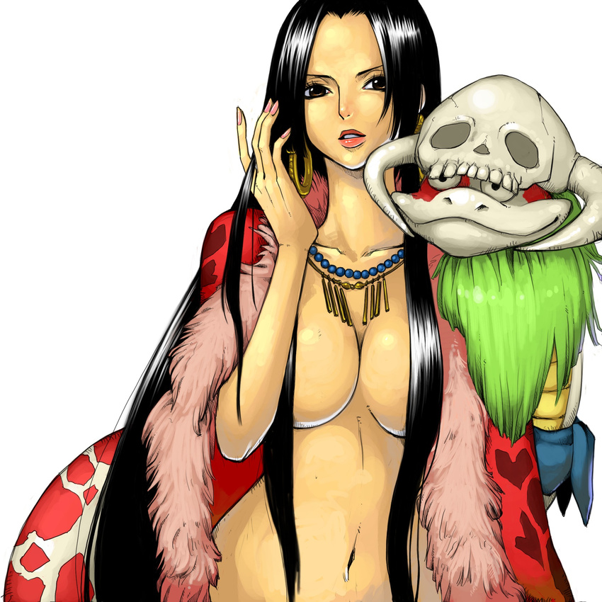 black_eyes black_hair boa_hancock breasts cleavage earrings highres jewelry kalua large_breasts long_hair necklace one_piece open_clothes open_robe robe salome_(one_piece) skull snake topless