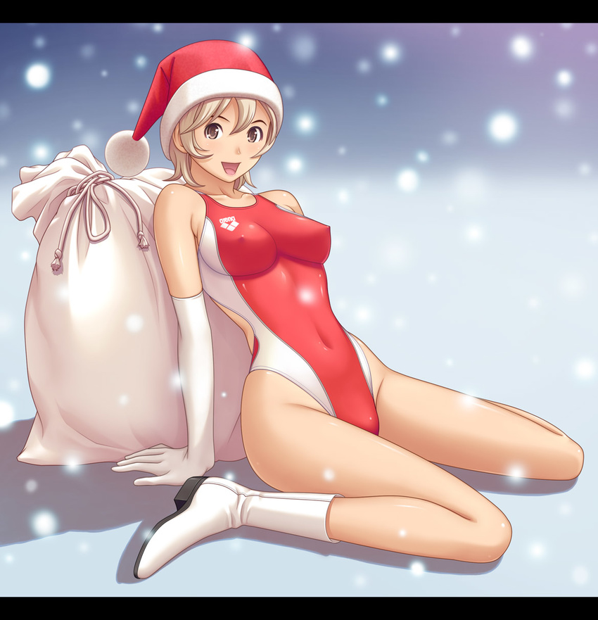 arena_(company) arm_support blonde_hair boots breasts christmas competition_swimsuit covered_nipples elbow_gloves gloves grey_eyes happy hat highleg highleg_swimsuit highres kneeling kuri_(kurigohan) legs medium_breasts one-piece_swimsuit original sack santa_hat shiny shiny_clothes shiny_skin short_hair sitting skin_tight smile snow solo swimsuit wariza white_gloves