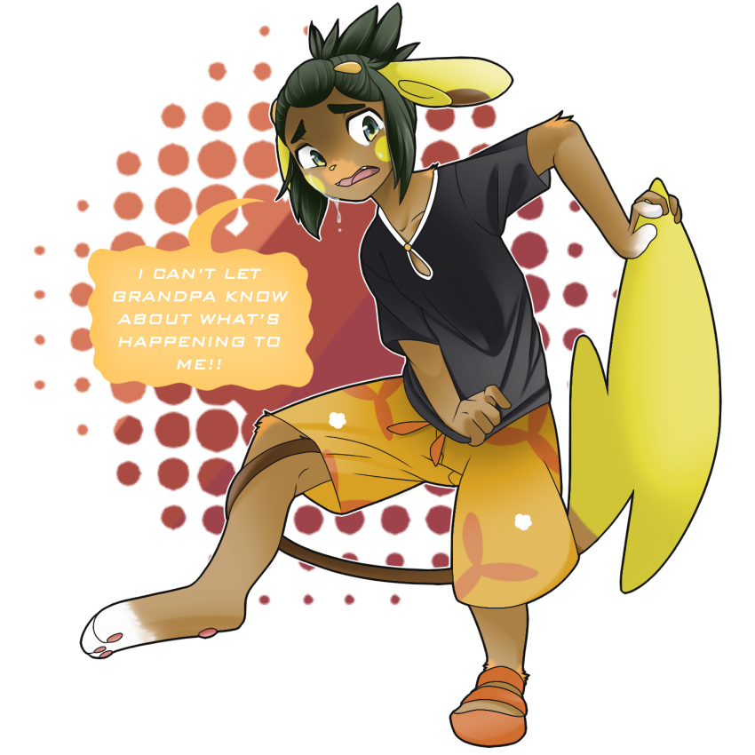 2018 3_toes alolan_raichu alpha_channel clothed clothing crying dialogue english_text eyebrows fezmangaka fingers fully_clothed fur hair hau_(pok&eacute;mon) holding_tail human male mammal nintendo open_mouth pawpads pink_pawpads pok&eacute;mon pok&eacute;mon_(species) regional_variant shirt shorts simple_background solo species_transformation speech_bubble tears teeth text toes transformation transparent_background video_games yellow_nose