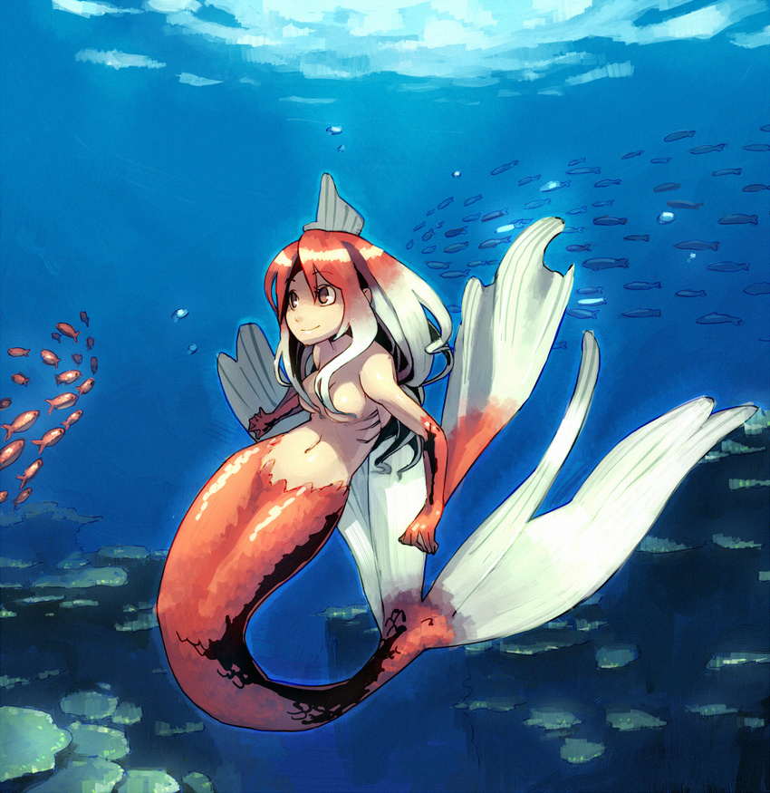 breasts fins fish gills gradient_hair hair_censor hair_over_breasts looking_to_the_side mermaid monster_girl multicolored_hair nude orange_eyes original scales shihou_(g-o-s) smile solo underwater water webbed_hands